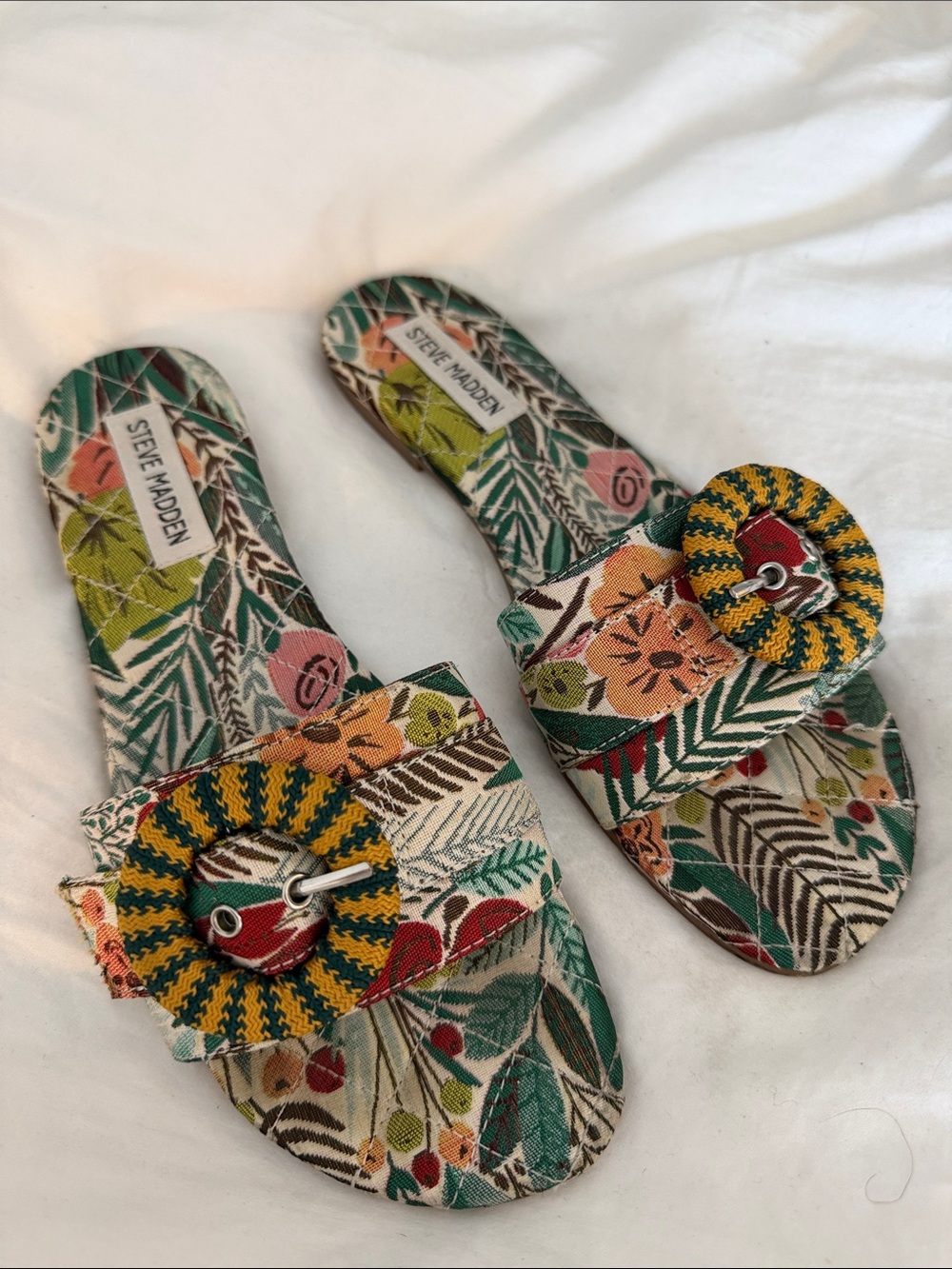 Steve Madden MERLA Floral Print Slide Sandals in Green, Yellow, Pink